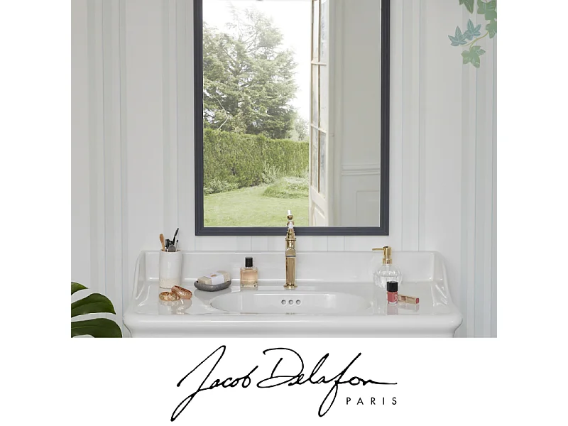 Pack plan vasque suspendu JACOB DELAFON Cléo 1889 + colonne droite + robinet or + siphon or