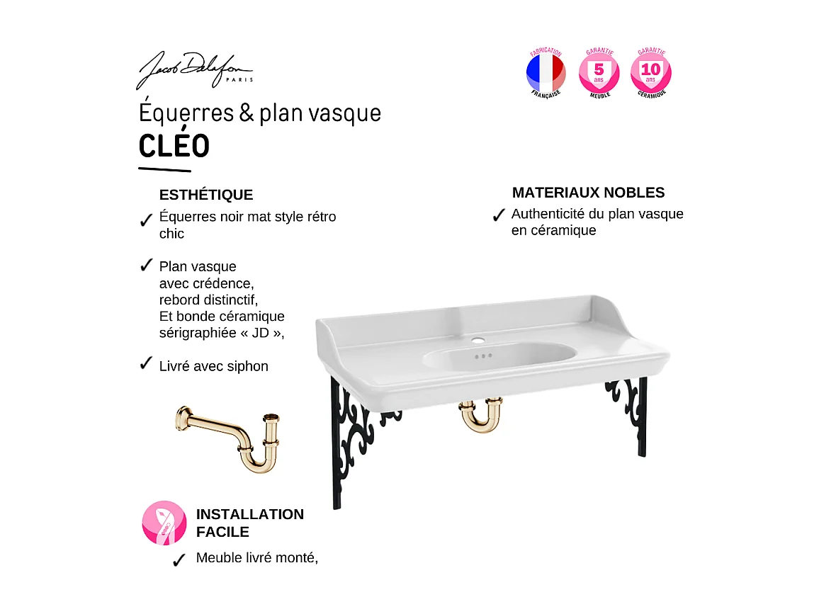Pack plan vasque suspendu JACOB DELAFON Cléo 1889 + colonne droite + robinet or + siphon or