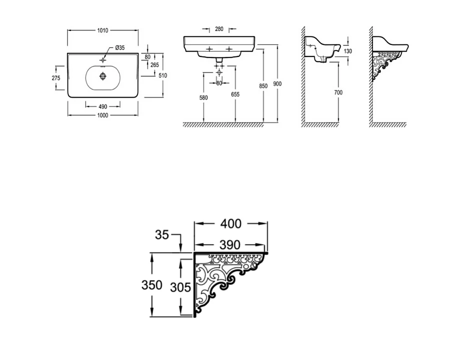 Pack plan vasque suspendu JACOB DELAFON Cléo 1889 + colonne droite + robinet or + siphon or