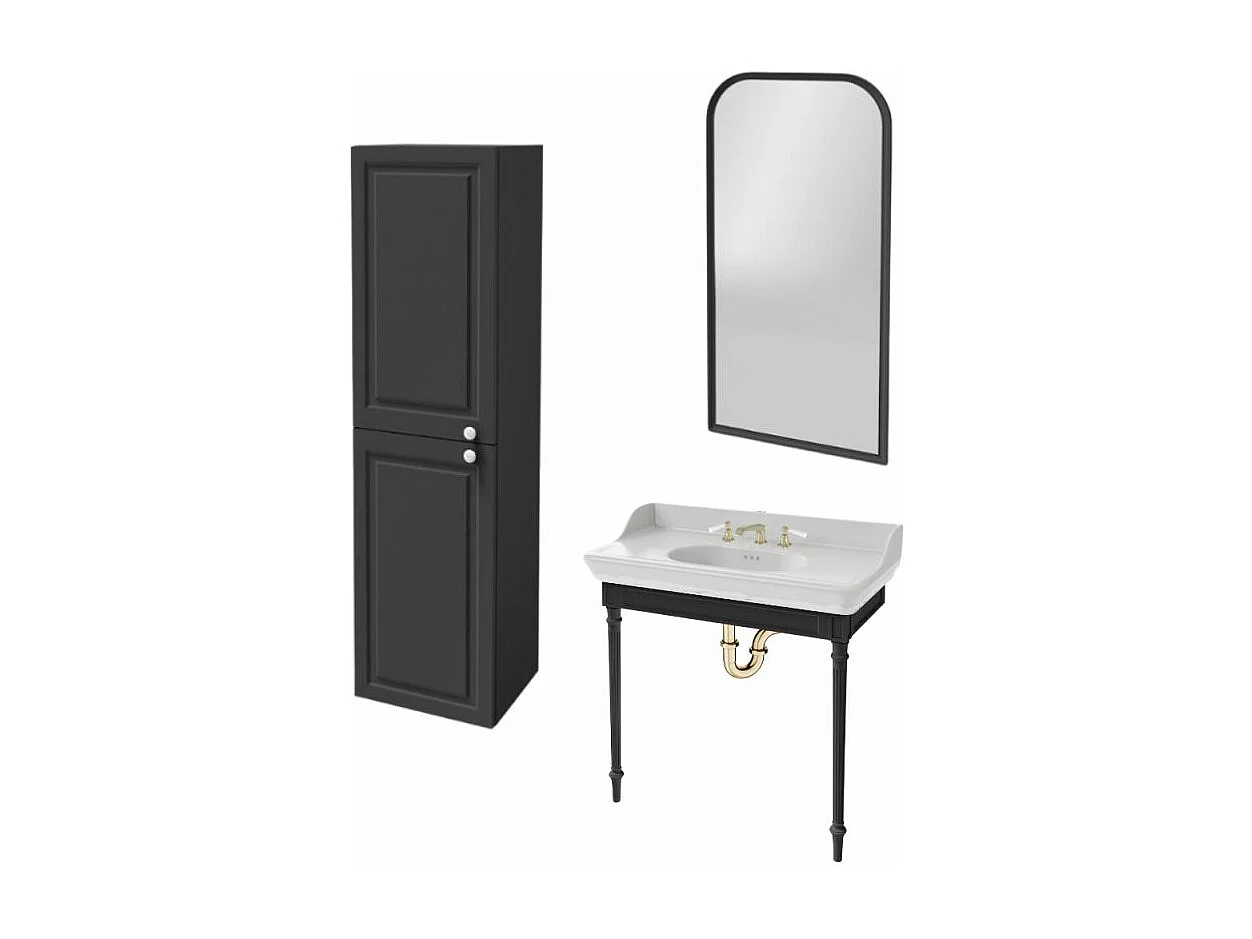 Console JACOB DELAFON Cléo 1889 avec plan vasque 3 trous + colonne gauche + miroir + mélangeur poignée lavabo or + siphon or