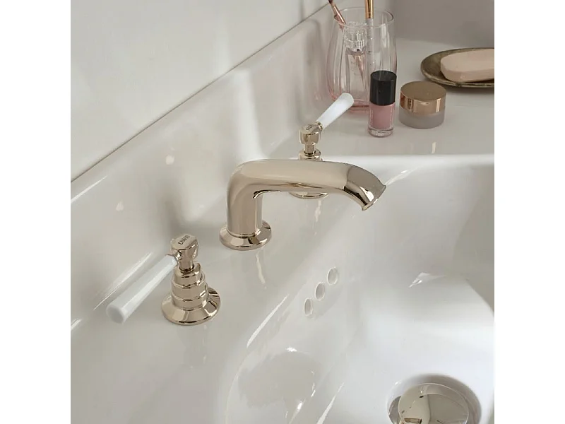 Console JACOB DELAFON Cléo 1889 avec plan vasque 3 trous + colonne gauche + miroir + mélangeur poignée lavabo or + siphon or