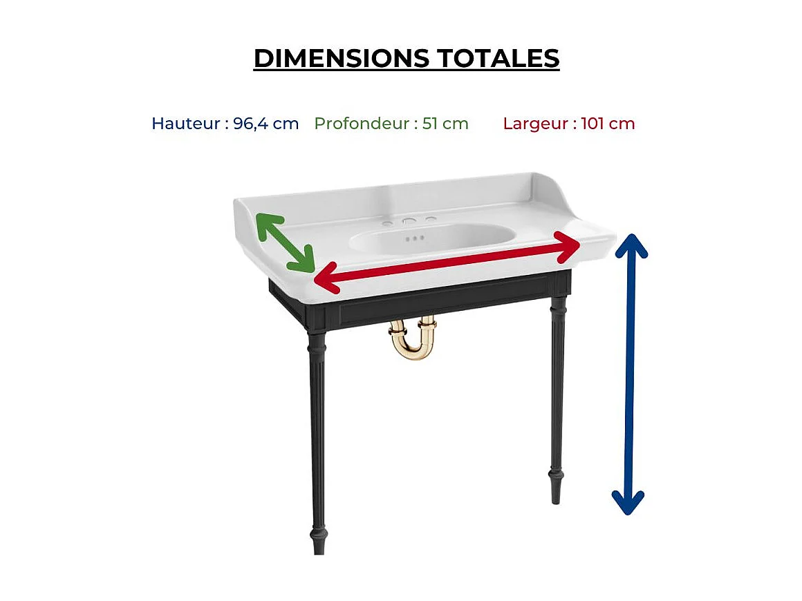 Console JACOB DELAFON Cléo 1889 avec plan vasque 3 trous + colonne gauche + miroir + mélangeur poignée lavabo or + siphon or