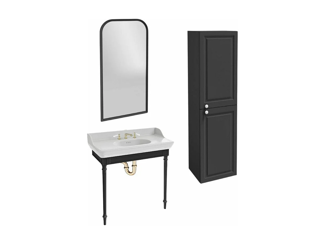 Console JACOB DELAFON Cléo 1889 avec plan vasque 3 trous + colonne droite + miroir + mélangeur poignée lavabo or + siphon or