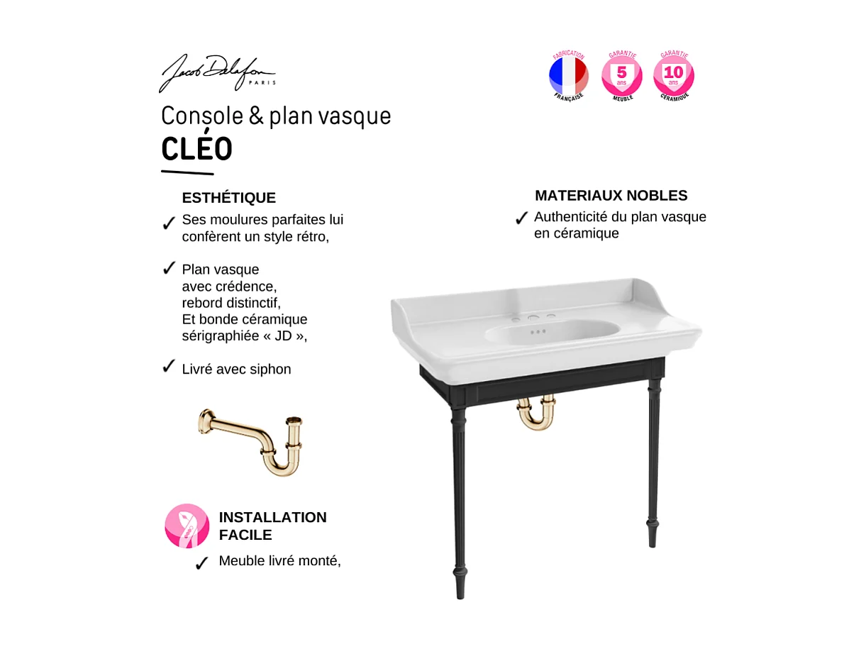Console JACOB DELAFON Cléo 1889 avec plan vasque 3 trous + colonne droite + miroir + mélangeur poignée lavabo or + siphon or