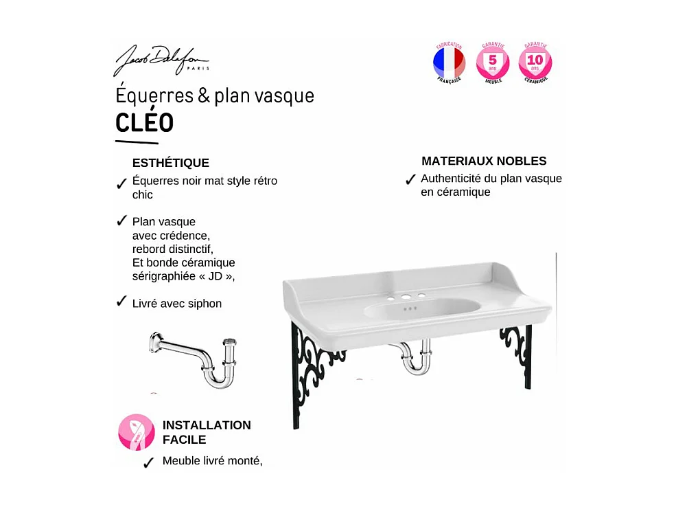 Pack plan vasque suspendu 3 trous JACOB DELAFON Cléo 1889 + miroir + siphon chromé