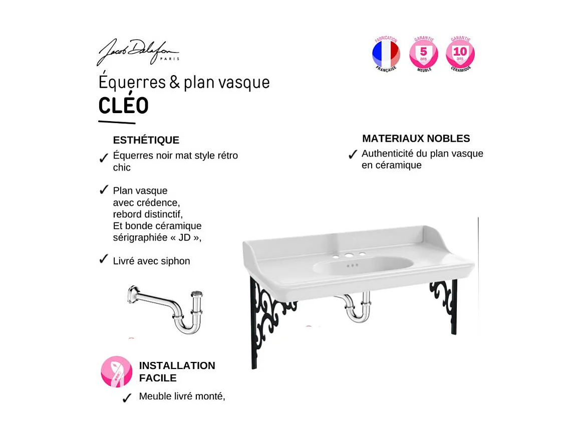Pack plan vasque suspendu 3 trous JACOB DELAFON Cléo 1889 + miroir + mélangeur croisillon chromé + siphon chromé