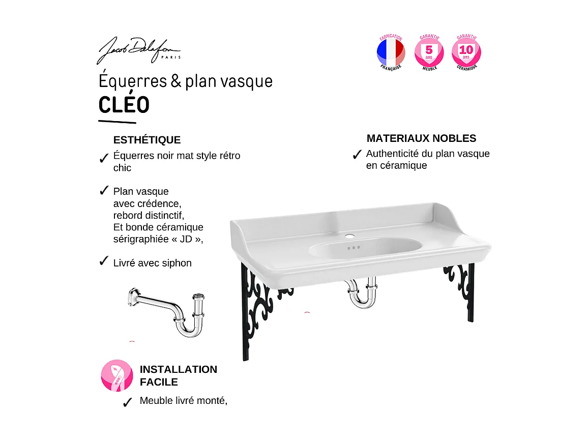 Pack plan vasque suspendu JACOB DELAFON Cléo 1889 + miroir + colonne droite + siphon chromé