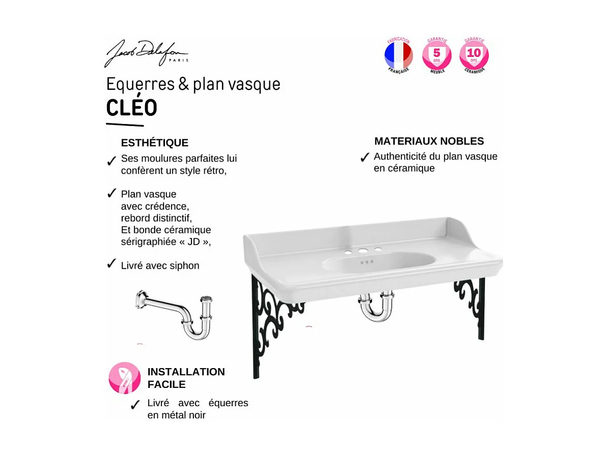 Plan vasque suspendu 3 trous JACOB DELAFON Cléo 1889 avec équerres métal noir + siphon chromé