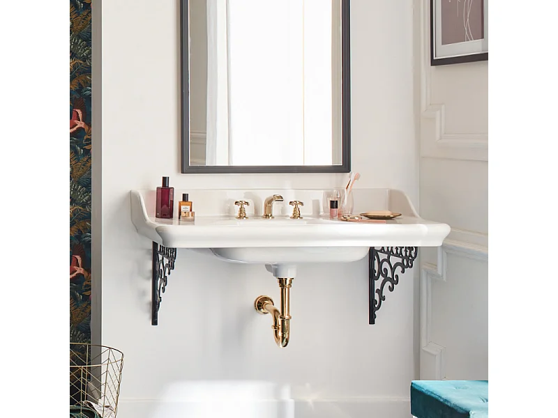 Plan vasque suspendu 3 trous JACOB DELAFON Cléo 1889 avec équerres métal noir + siphon chromé