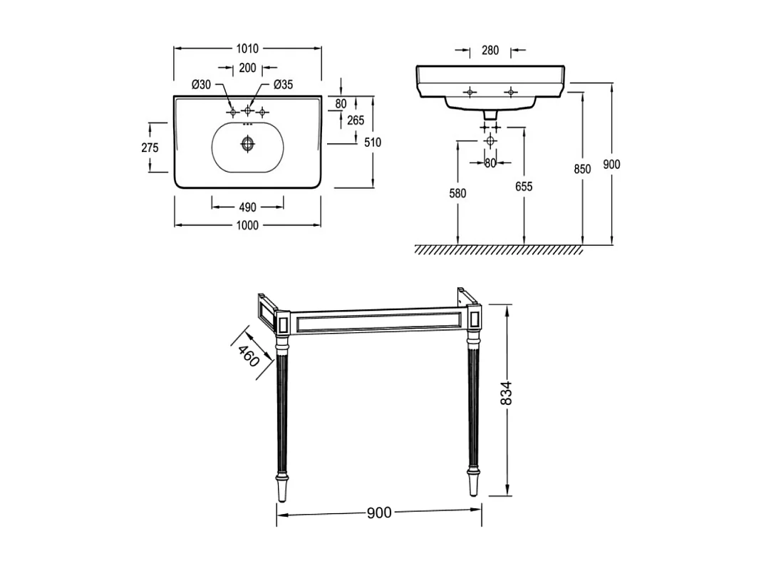 Console JACOB DELAFON Cléo 1889 avec plan vasque 3 trous + siphon chromé