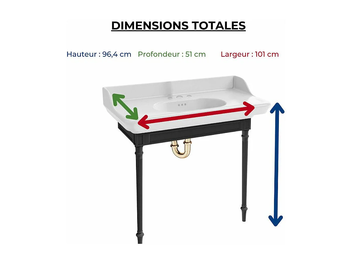 Console JACOB DELAFON Cléo 1889 avec plan vasque 3 trous + colonne gauche + siphon or