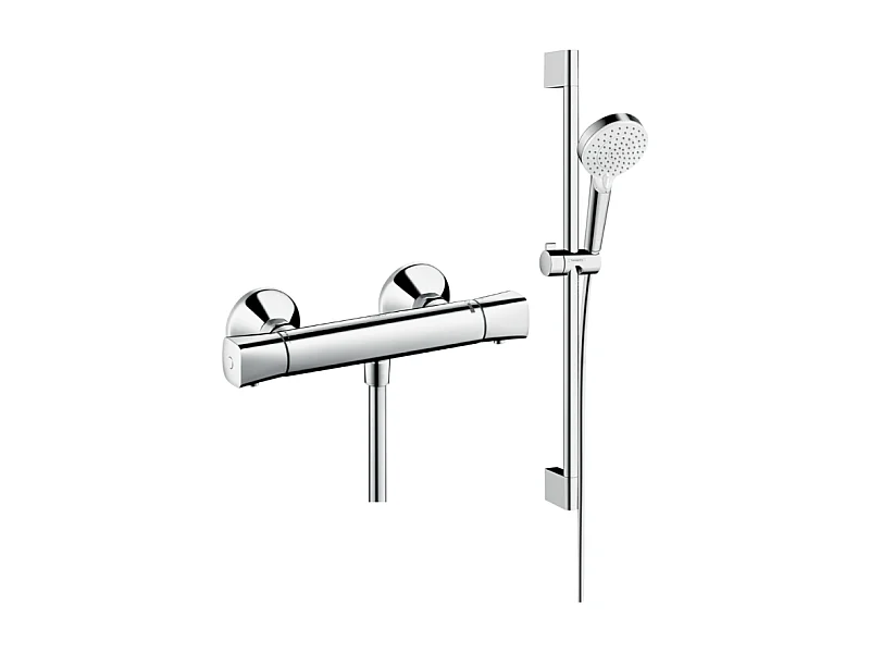 Mitigeur douche thermostatique HANSGROHE Ecostat Universal chromé + pack pommeau de douche Crometta 2 jets + flexible + barre