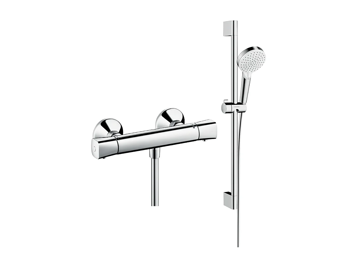 Mitigeur douche thermostatique HANSGROHE Ecostat Universal chromé + pack pommeau de douche Crometta 2 jets + flexible + barre