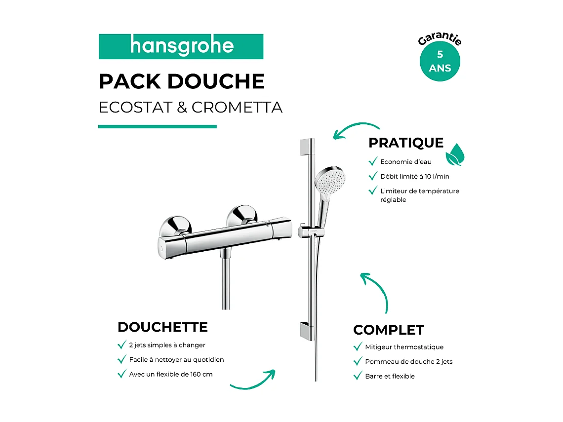 Mitigeur douche thermostatique HANSGROHE Ecostat Universal chromé + pack pommeau de douche Crometta 2 jets + flexible + barre