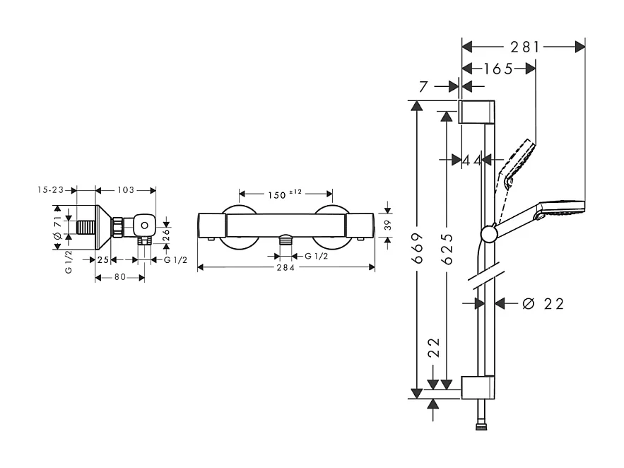 Mitigeur douche thermostatique HANSGROHE Ecostat Universal chromé + pack pommeau de douche Crometta 2 jets + flexible + barre