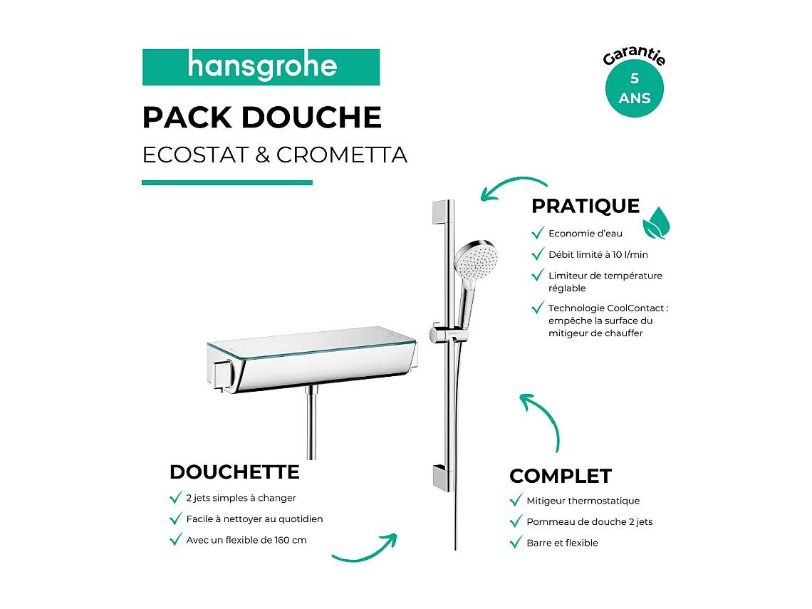 Mitigeur douche thermostatique HANSGROHE Ecostat Select EcoSmart chromé + pommeau de douche Crometta 2 jets + flexible + barre