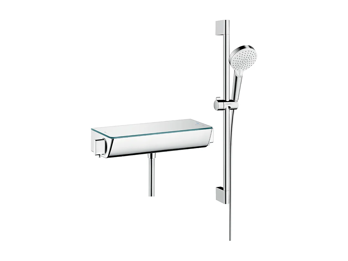 Mitigeur douche thermostatique HANSGROHE Ecostat Select EcoSmart chromé + pommeau de douche Crometta 2 jets + flexible + barre