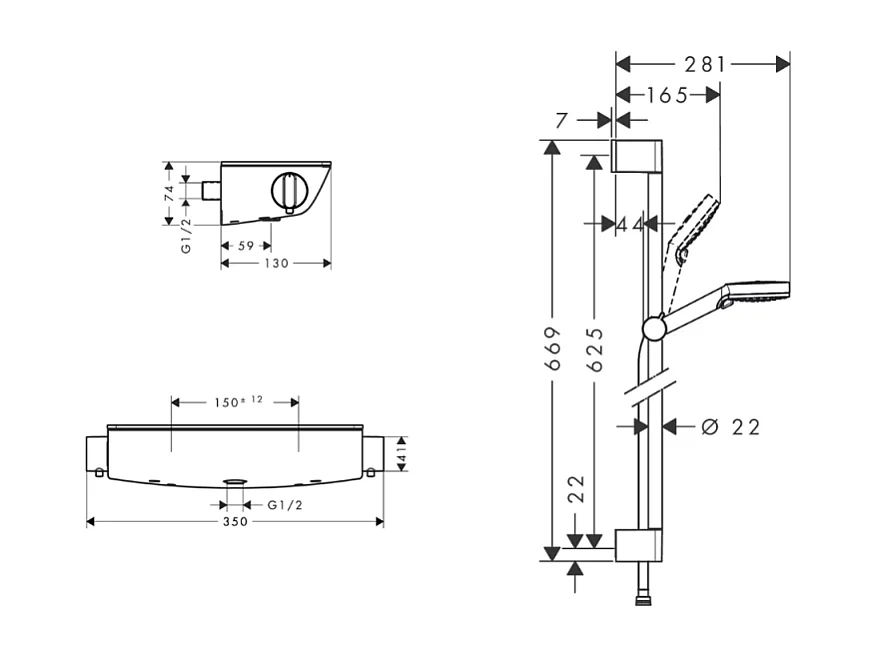 Mitigeur douche thermostatique HANSGROHE Ecostat Select EcoSmart chromé + pommeau de douche Crometta 2 jets + flexible + barre