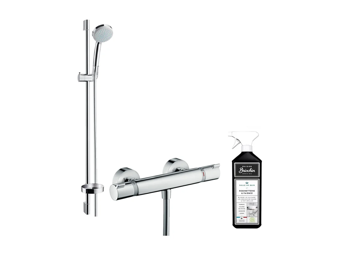 Mitigeur douche thermostatique HANSGROHE Ecostat Comfort + pommeau de douche Crometta + barre de douche 90cm + nettoyant