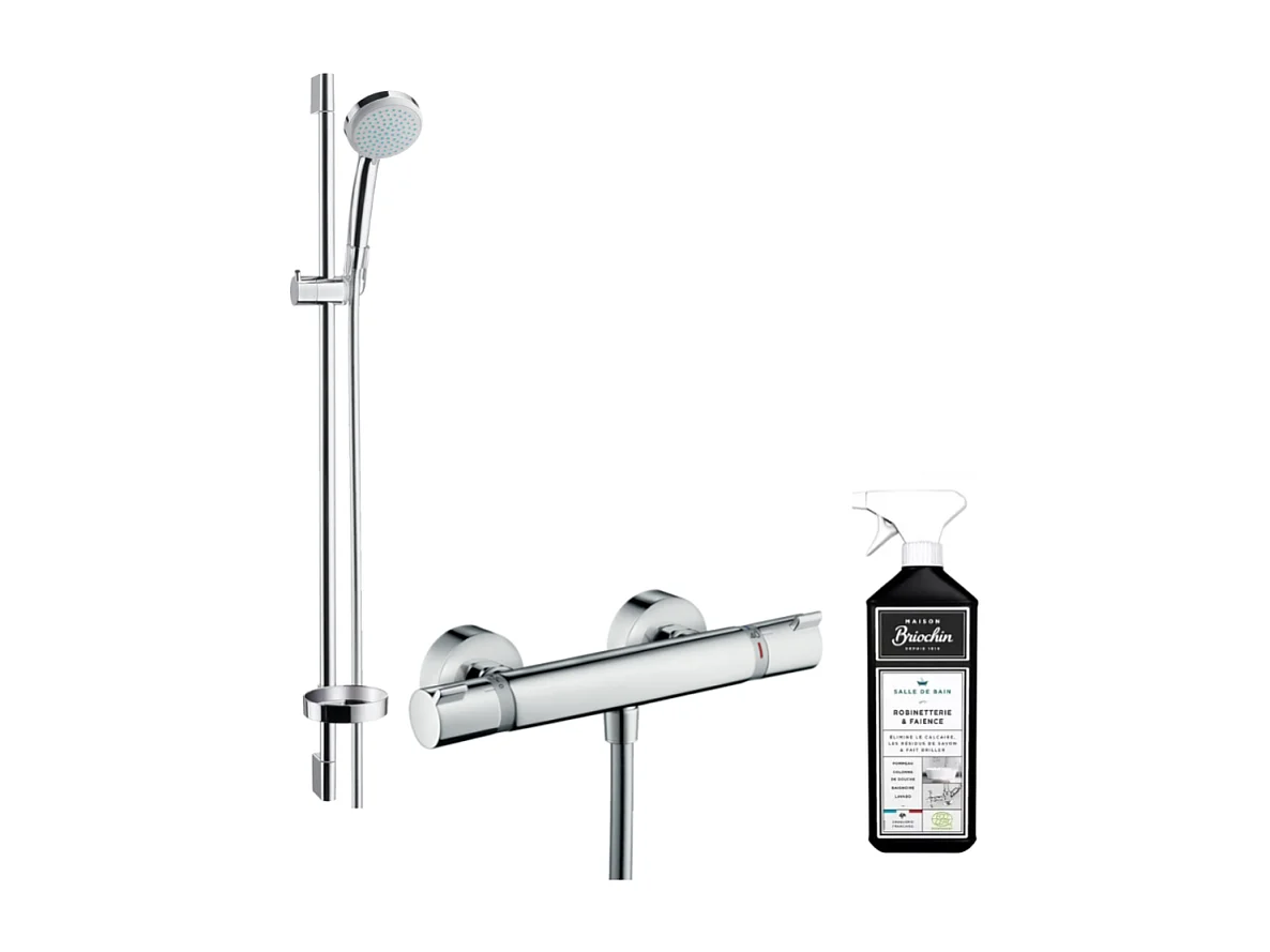 Mitigeur douche thermostatique HANSGROHE Ecostat Comfort + pommeau de douche Crometta + barre de douche 90cm + nettoyant