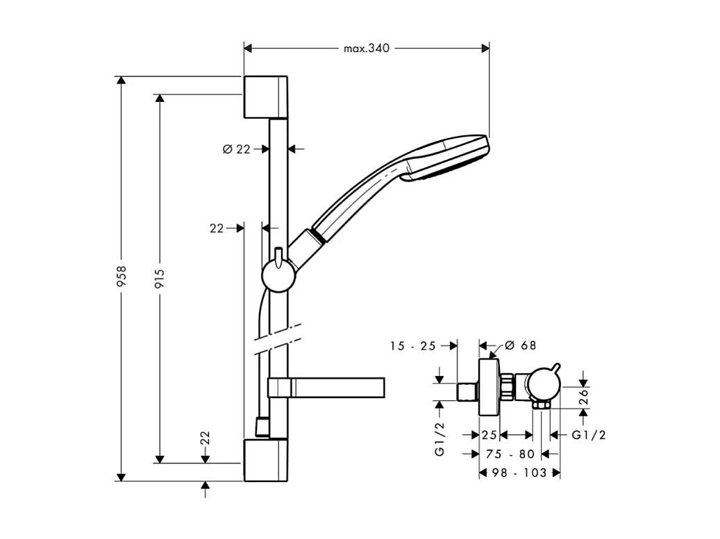 Mitigeur douche thermostatique HANSGROHE Ecostat Comfort + pommeau de douche Crometta + barre de douche 90cm + nettoyant