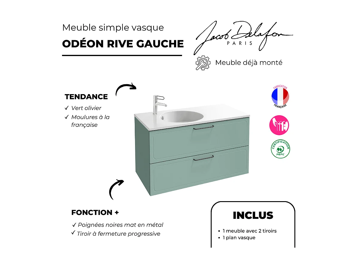 Meuble simple vasque 80 cm JACOB DE LAFON Odéon Rive Gauche vert olivier