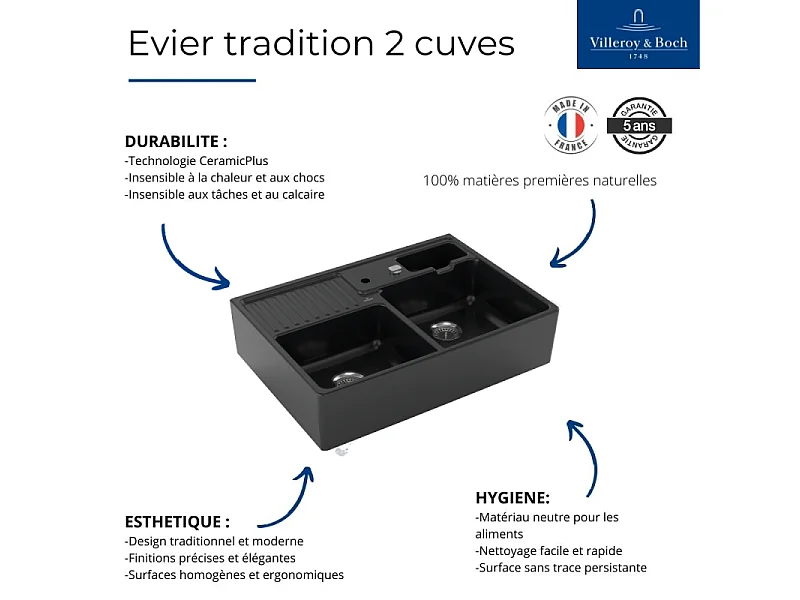 Evier 2 bacs timbre office VILLEROY ET BOCH Tradition Pure Black CeramicPlus avec vidage automatique