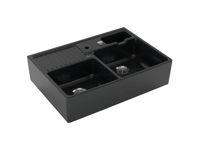 Evier 2 bacs timbre office VILLEROY ET BOCH Tradition Pure Black CeramicPlus avec vidage automatique