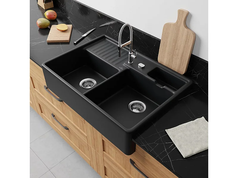 Evier 2 bacs timbre office VILLEROY ET BOCH Tradition Pure Black CeramicPlus avec vidage automatique