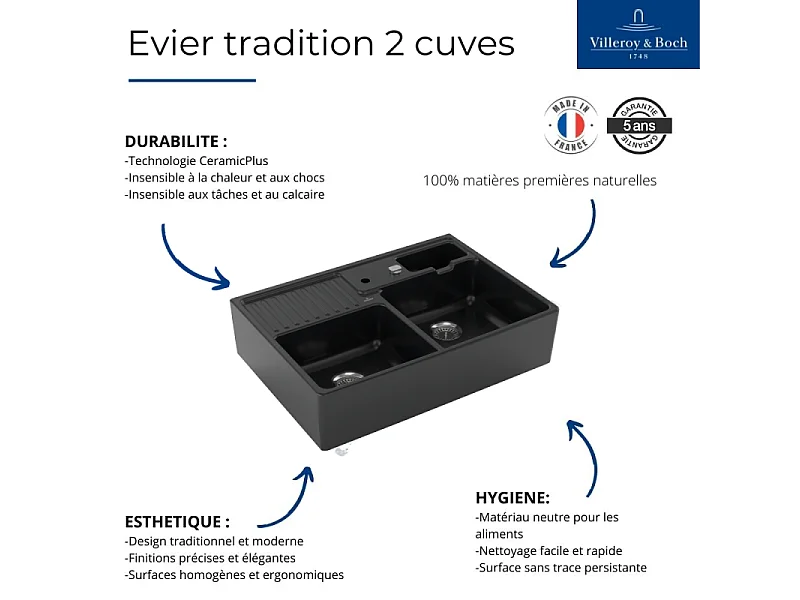 Evier 2 bacs timbre office VILLEROY ET BOCH Tradition Pure Black CeramicPlus avec vidage automatique