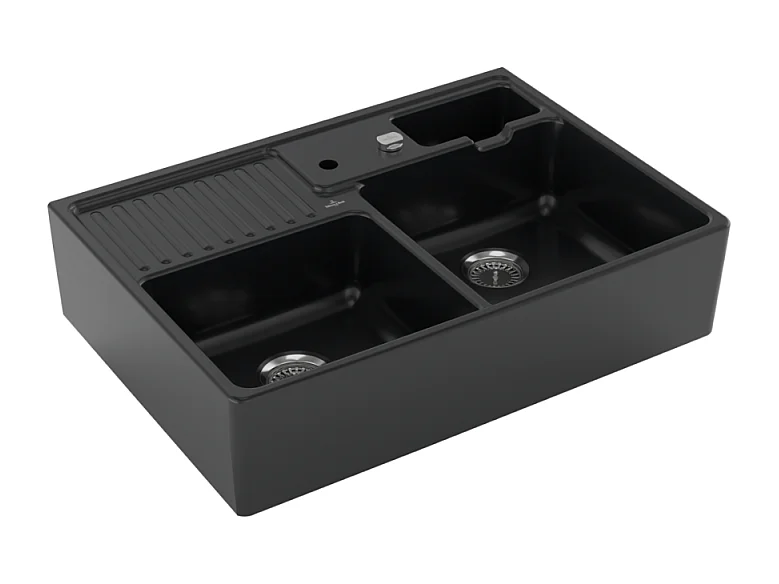 Evier 2 bacs timbre office VILLEROY ET BOCH Tradition Pure Black CeramicPlus avec vidage automatique