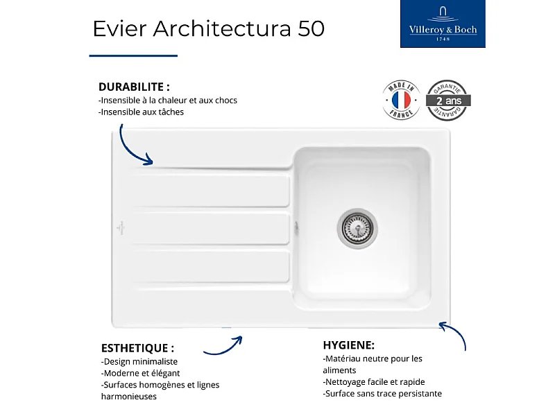 Evier 1 bac VILLEROY ET BOCH Architectura 50 Pure Black - Vidage automatique inclus