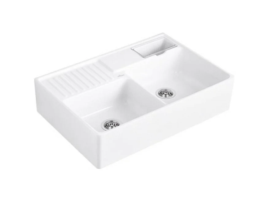 Evier timbre d'office VILLEROY ET BOCH Tradition 2 bacs 89,5 x 63 céramique vidage auto blanc
