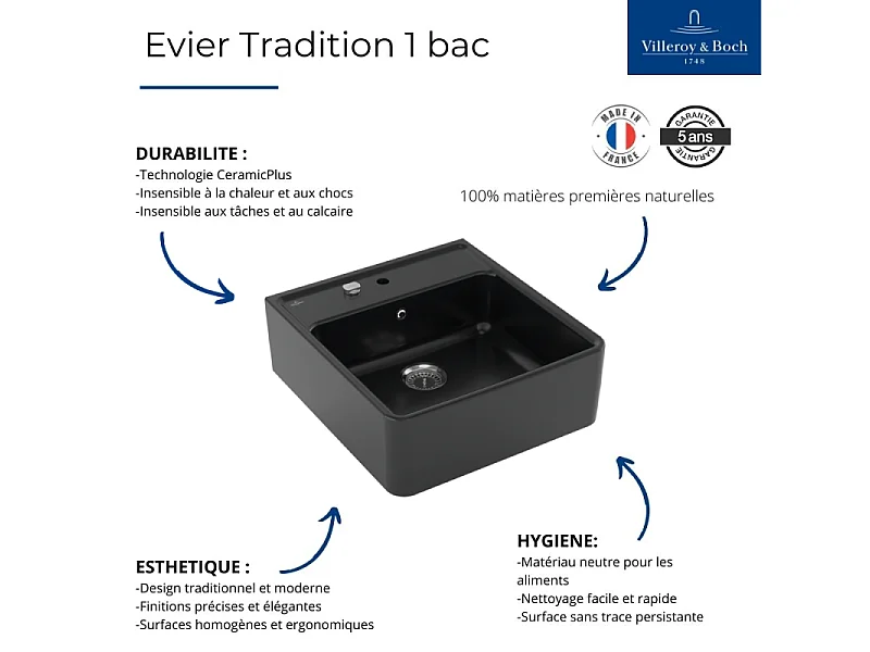 Evier timbre office 1 bac Villeroy et Boch Tradition Pure Black avec vidage automatique