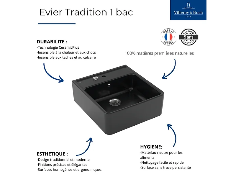 Evier timbre office 1 bac Villeroy et Boch Tradition Pure Black avec vidage automatique