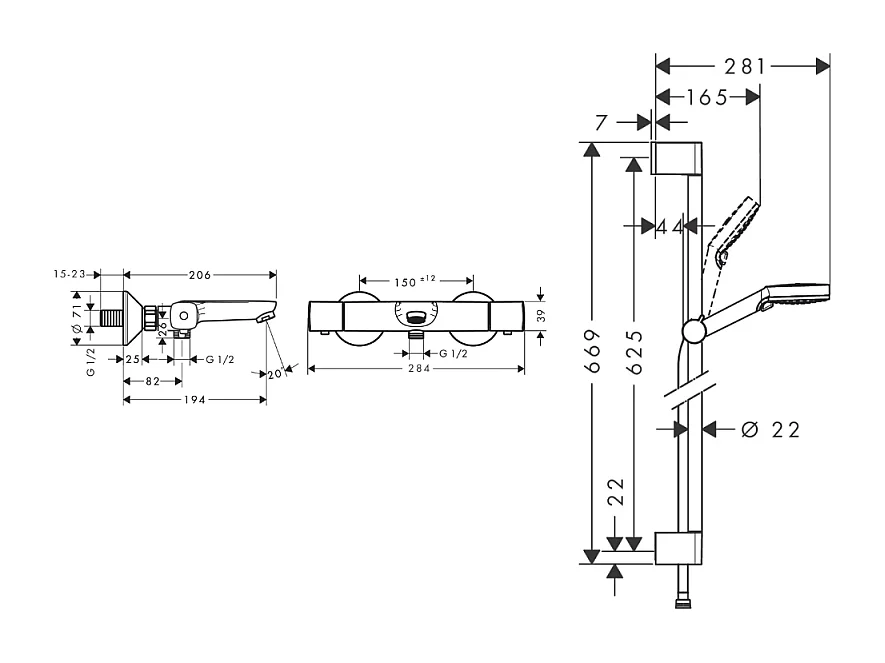 Mitigeur baignoire thermostatique HANSGROHE Ecostat Universal chromé + pack pommeau de douche Crometta 2 jets + flexible + barre