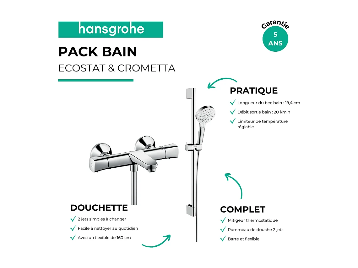 Mitigeur baignoire thermostatique HANSGROHE Ecostat Universal chromé + pack pommeau de douche Crometta 2 jets + flexible + barre