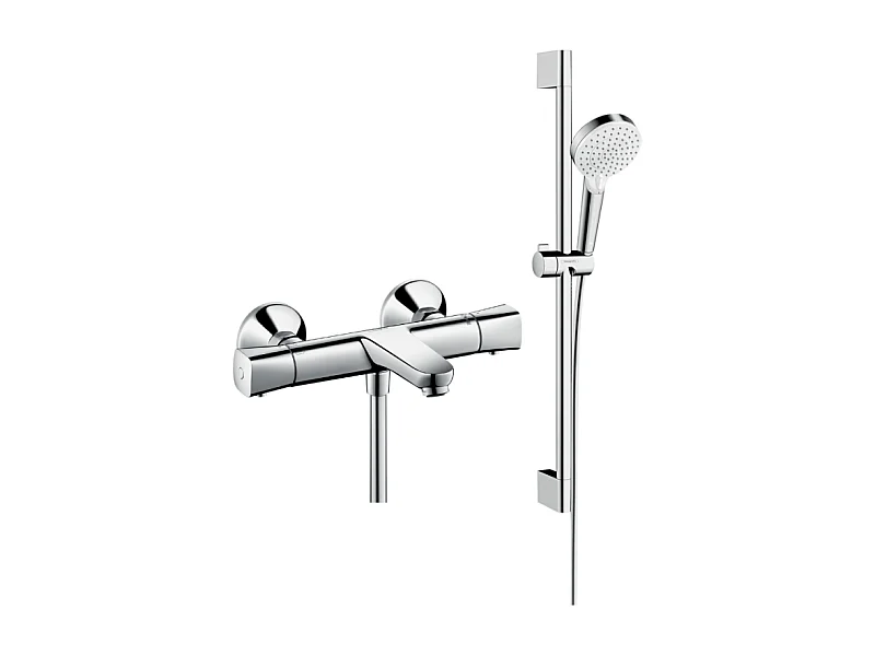 Mitigeur baignoire thermostatique HANSGROHE Ecostat Universal chromé + pack pommeau de douche Crometta 2 jets + flexible + barre