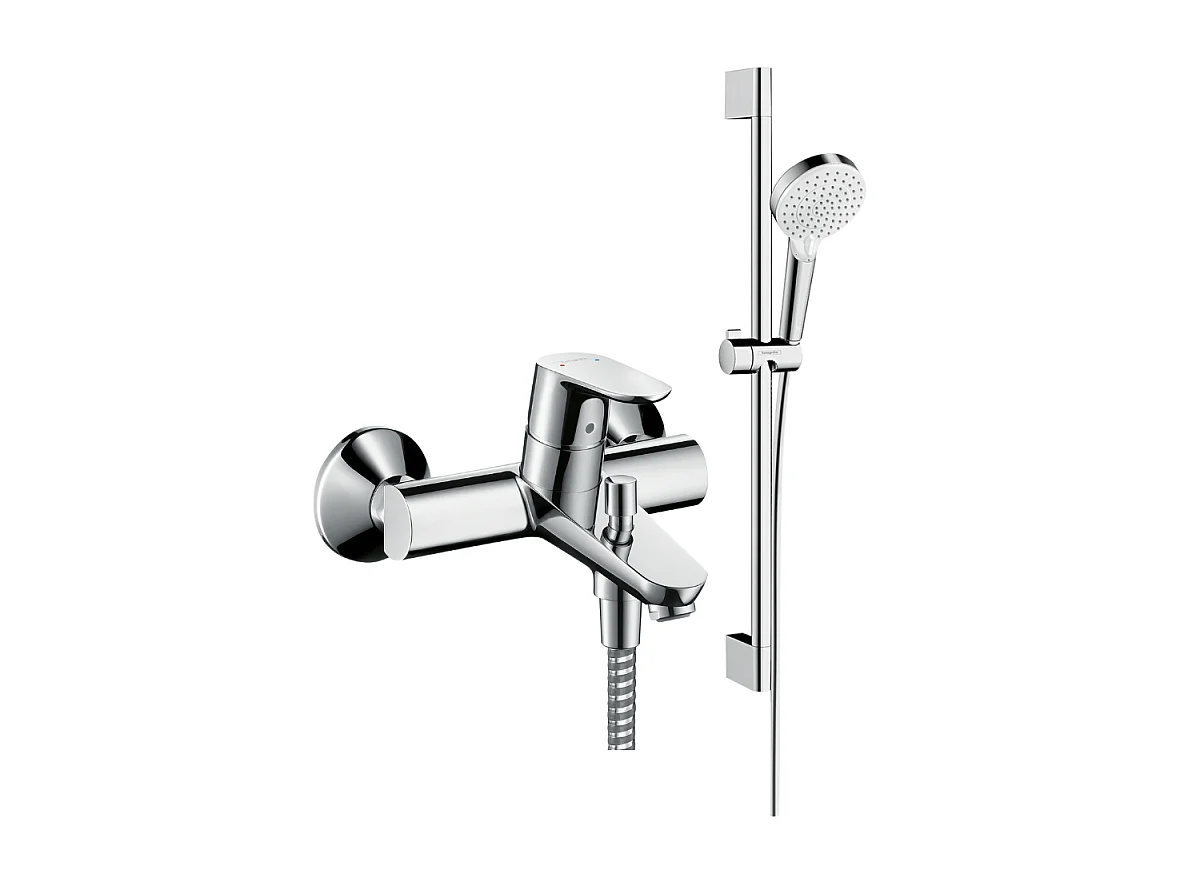 Mitigeur baignoire mécanique HANSGROHE Focus chromé + pack pommeau de douche Crometta 2 jets + flexible + barre