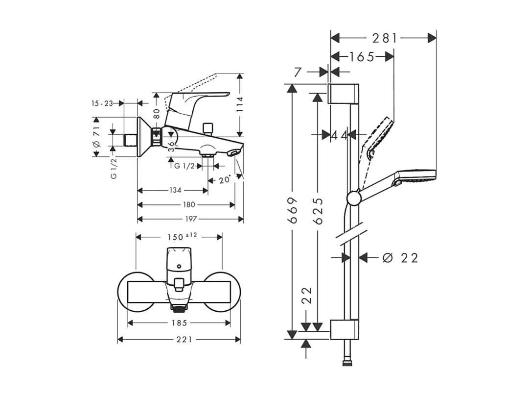 Mitigeur baignoire mécanique HANSGROHE Focus chromé + pack pommeau de douche Crometta 2 jets + flexible + barre