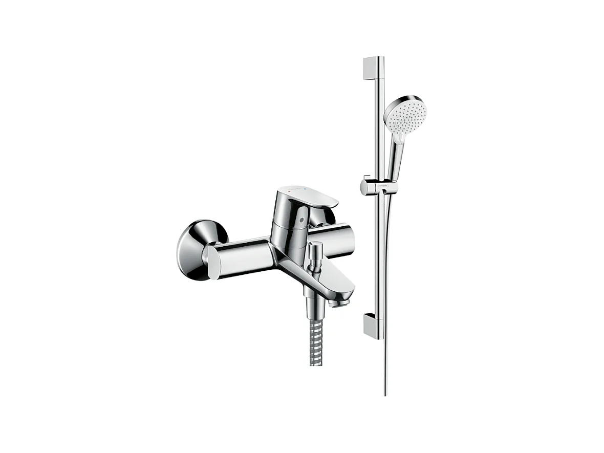 Mitigeur baignoire mécanique HANSGROHE Focus chromé + pack pommeau de douche Crometta 2 jets + flexible + barre