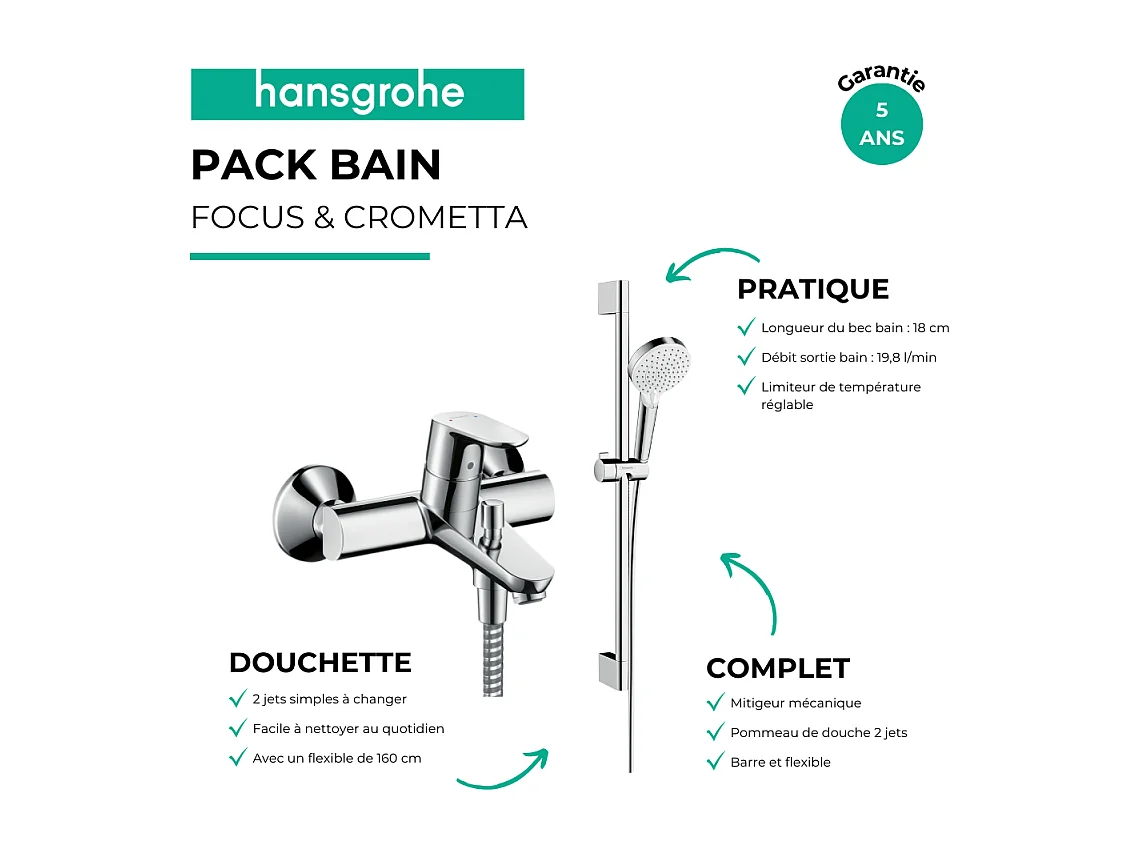 Mitigeur baignoire mécanique HANSGROHE Focus chromé + pack pommeau de douche Crometta 2 jets + flexible + barre