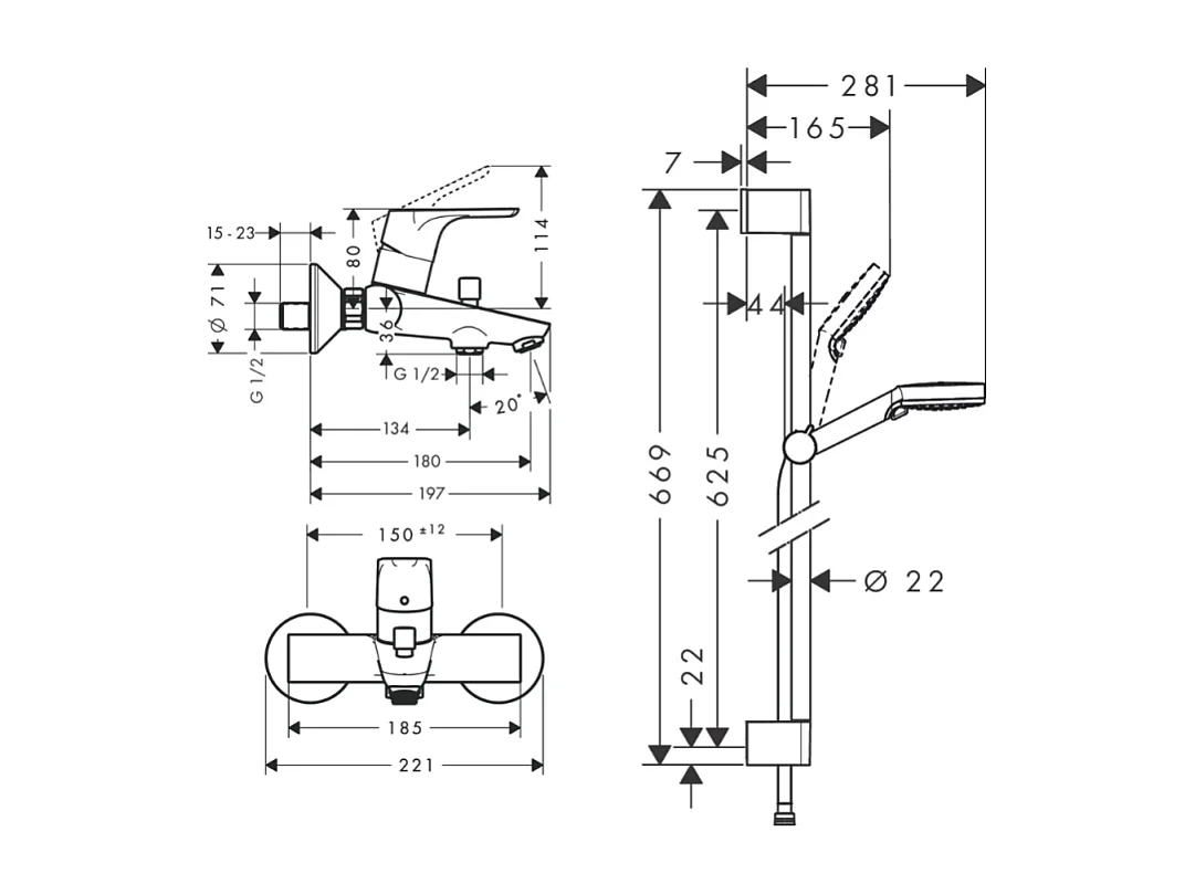 Mitigeur baignoire mécanique HANSGROHE Focus chromé + pack pommeau de douche Crometta 2 jets + flexible + barre