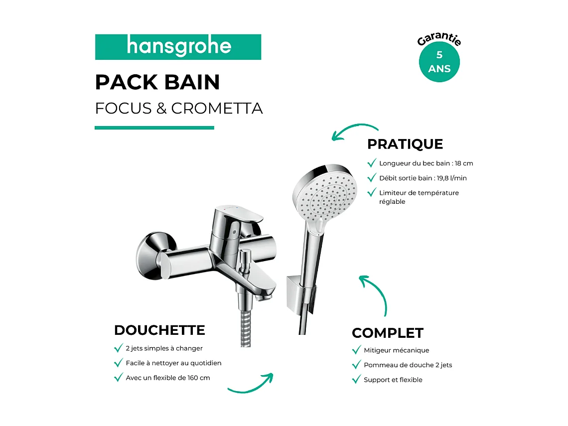 Mitigeur baignoire mécanique HANSGROHE Focus chromé + pack pommeau de douche Crometta 2 jets + support + flexible
