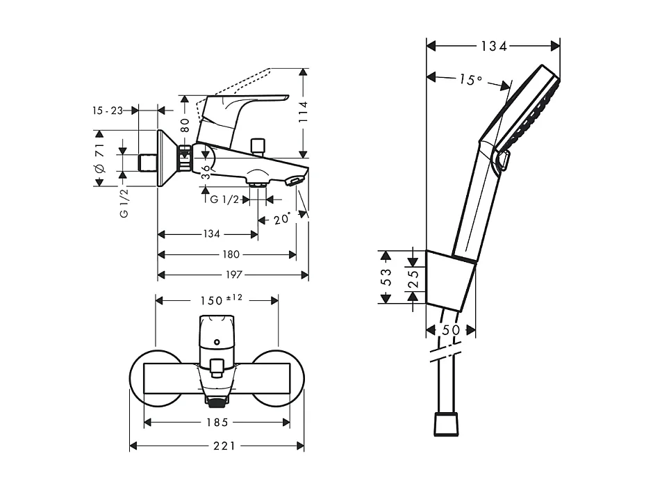 Mitigeur baignoire mécanique HANSGROHE Focus chromé + pack pommeau de douche Crometta 2 jets + support + flexible