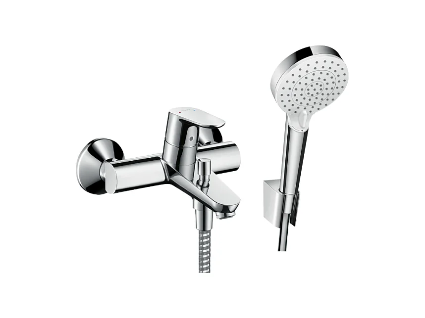 Mitigeur baignoire mécanique HANSGROHE Focus chromé + pack pommeau de douche Crometta 2 jets + support + flexible
