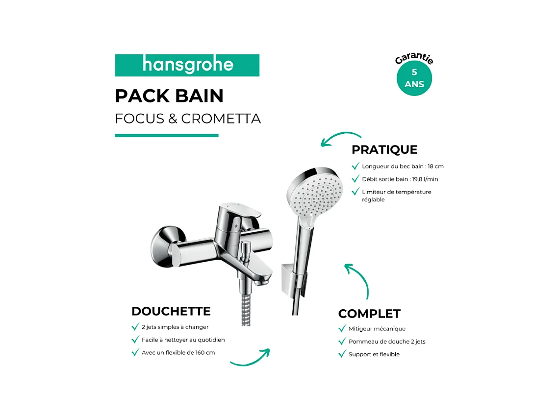 Mitigeur baignoire mécanique HANSGROHE Focus chromé + pack pommeau de douche Crometta 2 jets + support + flexible