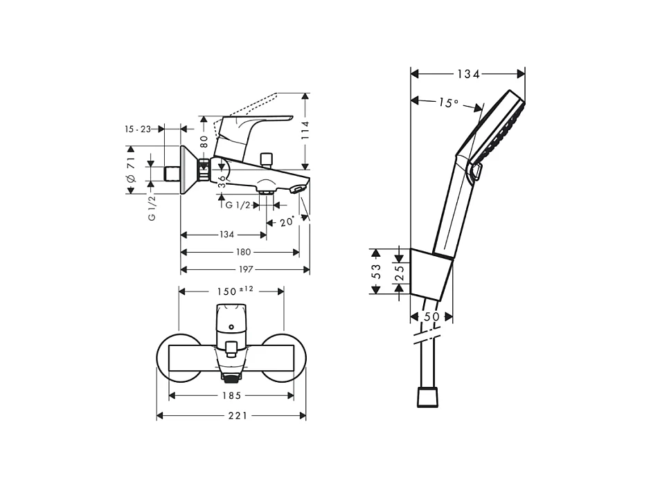 Mitigeur baignoire mécanique HANSGROHE Focus chromé + pack pommeau de douche Crometta 2 jets + support + flexible