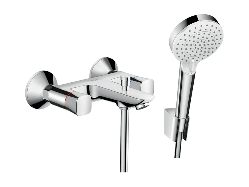 Mélangeur baignoire HANSGROHE Logis + pack pommeau de douche Crometta 2 jets + support + flexible