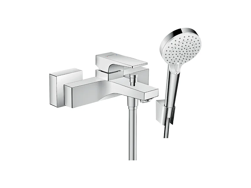 Mitigeur baignoire mécanique HANSGROHE Metropol chromé + pack pommeau de douche Crometta 2 jets + support + flexible